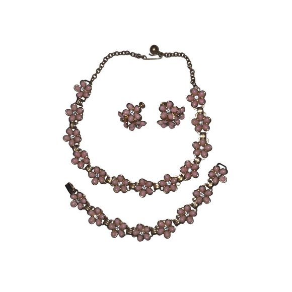 Bracelet Necklace Earrings Vintage Costume Jewelry Set Pink Flowers Rhinestones - Picture 2 of 7